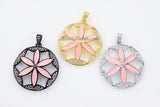 Pink Enamel Flower Pendant, CZ Micro Pave Round Disc MultiColor Pink/Black/Silver/Gold Large Charm Pendants - 33 x 42 mm