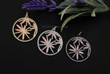 Pink Enamel Flower Pendant, CZ Micro Pave Round Disc MultiColor Pink/Black/Silver/Gold Large Charm Pendants - 46 x 50 mm Marijuana Starburst