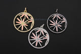 Pink Enamel Flower Pendant, CZ Micro Pave Round Disc MultiColor Pink/Black/Silver/Gold Large Charm Pendants - 46 x 50 mm Marijuana Starburst