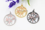 Pink Enamel Flower Pendant, CZ Micro Pave Round Disc MultiColor Pink/Black/Silver/Gold Large Charm Pendants - 46 x 50 mm Marijuana Starburst