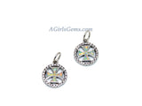 Tiny Opal Cross Charm, CZ Micro Paved Maltese Cross #386, Round Disc Fireman Charm in Cubic Zirconia