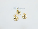 Maltese Cross Charms, 2 Pcs CZ Micro Black Pave Religious Beads, 18 K Matte Gold Plated Round Disc Textured 10 x 12 mm