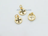 Maltese Cross Charms, 2 Pcs CZ Micro Black Pave Religious Beads, 18 K Matte Gold Plated Round Disc Textured 10 x 12 mm