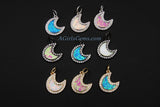 Crescent Moon Charm, CZ Pave Opal Moon 18 k Gold/Silver/Black Rhodium Plated Cubic Zirconia, White/Pink/Blue Lunar Moon Shell Opal Necklace