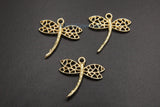 Dragonfly Charm, 4 pcs* Brushed Gold Charms for Flat Ring Hoop Earrings, Bracelet/Necklace Nature Insect Animal Charms