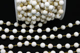 Turquoise Chain, 8 mm Natural White Turquoise Rosary Chain CH #370, 6 mm Gold Wire Wrapped