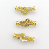 CZ Pave Heart Buckle Clasps with 2 Clips, Gold or Silver Interlocking Link Jewelry Findings, Designer Fold Over Clasps