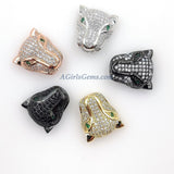 CZ Micro Pave Tiger Head Bead Charm, Leopard Head, Panther Cat Head Bead