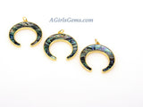 Double Horn Pendant, Gold Abalone Shell Moon Blue Shell Charm, Natural Boho Horn #443