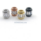 Rose Gold Tube Beads, Silver CZ Micro Large Hole Beads, 10 x 12 mm Gold Drum #454