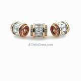 Rose Gold Tube Beads, Silver CZ Micro Large Hole Beads, 10 x 12 mm Gold Drum #454