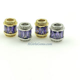 Purple Crystal Beads, CZ Micro Pave Silver Tube Beads, Large Hole Beads 10 x 12 mm Silver Rhodium