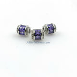 Purple Crystal Beads, CZ Micro Pave Silver Tube Beads, Large Hole Beads 10 x 12 mm Silver Rhodium