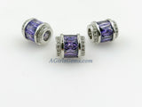 Purple Crystal Beads, CZ Micro Pave Silver Tube Beads, Large Hole Beads 10 x 12 mm Silver Rhodium