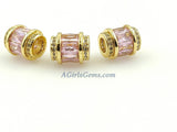 Pink Crystal Beads, CZ Micro Pave Gold Tube Beads, Large Hole Beads 10 x 12 mm 18 K Gold Plated