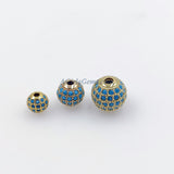 CZ Pave Turquoise Pave Round Balls, Blue Stone Gold Beads # 465, Blue Cubic Zirconia Crystal Focal Silver Beads