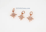 Star Charm Pendants, 2 Pcs CZ Micro Pave Mini CZ Charms, 12 x 14 mm Crystal Starburst 18 K Rose Gold