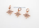 Star Charm Pendants, 2 Pcs CZ Micro Pave Mini CZ Charms, 12 x 14 mm Crystal Starburst 18 K Rose Gold