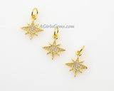 Star Charm Pendants, 2 Pcs CZ Micro Pave Mini CZ Charms, 12 x 14 mm Crystal Starburst 18 K Rose Gold