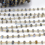 Labradorite Flash Gemstone Chains, 6 mm Bead Black Wire Wrapped Rondelle CH #340, By the Foot