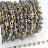 Labradorite Flash Gemstone Beaded , 6 mm Gold Wrapped Chains CH #339, Boho Beaded Rondelle