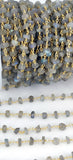 Labradorite Flash Gemstone Chains, 6 mm Bead Black Wire Wrapped Rondelle CH #340, By the Foot