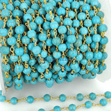Turquoise Rosary Beaded Chain, 6 mm Silver plated Wire Wrapped CH #522, Blue Boho Howlite Chain