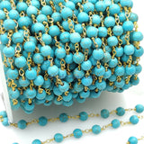 Turquoise Rosary Blue Beaded Chain, 4 mm Wire Wrapped CH #521, 6 mm Gunmetal Black