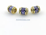 Purple Crystal Beads, CZ Micro Pave Silver Tube Beads, Large Hole Beads 10 x 12 mm Silver Rhodium