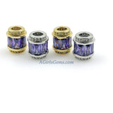 Purple Crystal Beads, CZ Micro Pave Silver Tube Beads, Large Hole Beads 10 x 12 mm Silver Rhodium