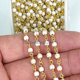 White Turquoise Rosary Chain, 4 mm Cream Beaded Gold Wire Wrapped Chain CH #364, 6 mm Howlite