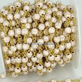 White Turquoise Rosary Chain, 4 mm Cream Beaded Gold Wire Wrapped Chain CH #364, 6 mm Howlite