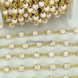 White Turquoise Rosary Chain, 4 mm Cream Beaded Gold Wire Wrapped Chain CH #364, 6 mm Howlite