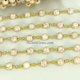 White Turquoise Rosary Chain, 4 mm Cream Beaded Gold Wire Wrapped Chain CH #364, 6 mm Howlite