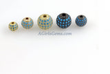 CZ Pave Turquoise Pave Round Balls, Blue Stone Gold Beads #465, Blue Cubic Zirconia Crystal Focal Silver Beads