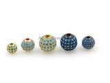 CZ Pave Turquoise Pave Round Balls, Blue Stone Gold Beads #465, Blue Cubic Zirconia Crystal Focal Silver Beads