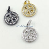 Gold CZ Pave Peace Sign Charms, Silver Round Dainty Inspirational Disc Tags #614, Love Tiny Charms 10 mm