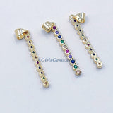 Long Bar Charms, CZ Micro Pave 3 mm x 30 mm Gold Rainbow Bar Sticks, LGBT Pride Minimalist Earrings