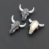 Micro Pave CZ Bone Cow Skull Pendant, Boho Cubic Zirconia Longhorn CW #24, White Ox Bone Skull