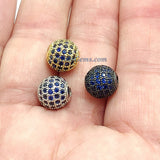 CZ Micro Pave Round Beads, 2 Pcs 6 mm/8 mm/10 Gold or Black Plated, Diamond Sapphire London Blue Color Focal