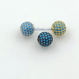 CZ Micro Pave Round Beads, 2 Pcs 6 mm/8 mm/10 Gold or Black Plated, Diamond Sapphire London Blue Color Focal