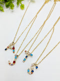 Rainbow Initial Necklace, Gold Filled Dainty Alphabet Necklace, Multi Colored CZ Crystals Turquoise Blue for Teens