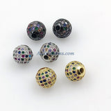 CZ Micro Pave Rainbow Balls, 2 Pcs 6 mm Gold Multi Colored Round Beads, 10 mm Black Silver Focal Bead