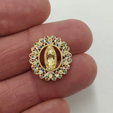 Gold Jesus Virgin Mary Charms, CZ Micro Pave Connector Beads or Slide Bead Pendants # 598, Gold Round Disc CZ Beads