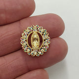 Gold Jesus Virgin Mary Charms, CZ Micro Pave Connector Beads or Slide Bead Pendants # 598, Gold Round Disc CZ Beads