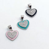 925 Sterling Silver CZ Enamel Heart Charms, CZ Pave Necklace Pendants #3137, Black