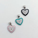 925 Sterling Silver CZ Enamel Heart Charms, CZ Pave Necklace Pendants #3137, Black