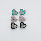 CZ Pave Silver Enamel Heart Earrings, 925 Sterling 10 mm Studs #3137, Aqua
