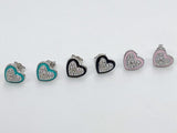 CZ Pave Silver Enamel Heart Earrings, 925 Sterling 10 mm Studs #3137, Aqua