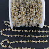 Labradorite Flash Gemstone Beaded , 6 mm Gold Wrapped Chains CH #339, Boho Beaded Rondelle